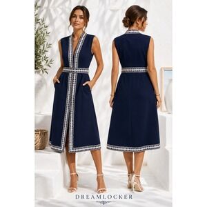 VTG 70s Act III Navy Embroidered Belted Midi Dress ILGWU USA Resort Coastal 10